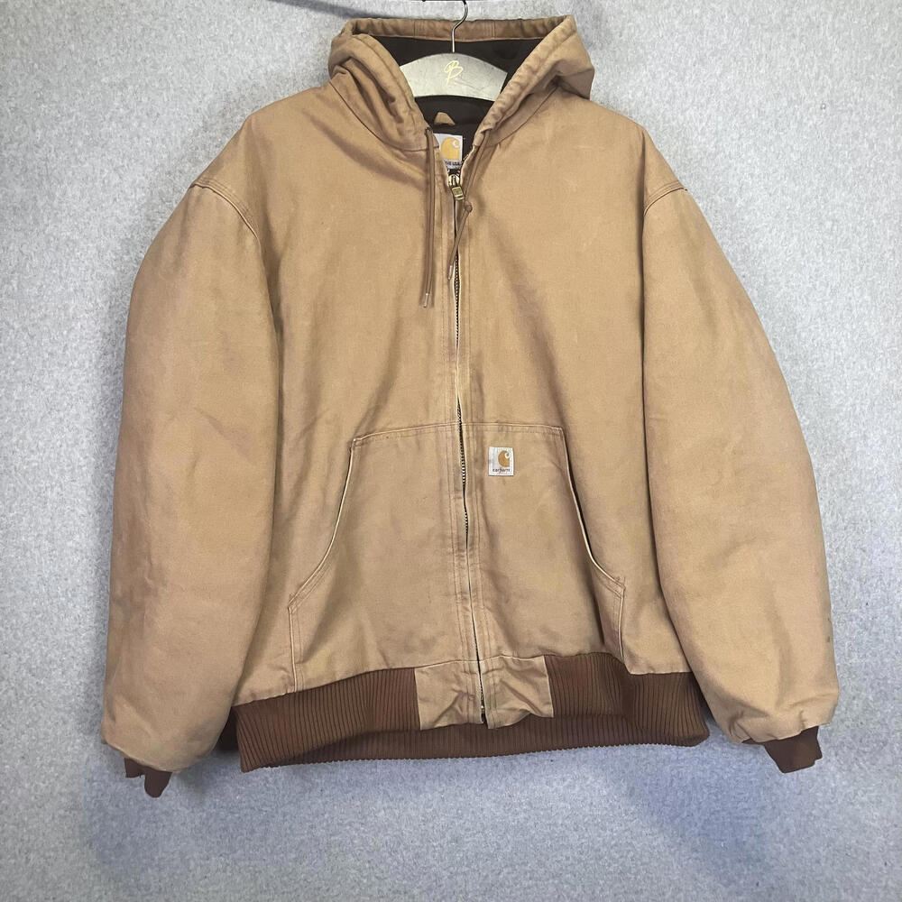 Carrhart mens bomber jacket xl brown hooded logo full zip USA Quilt line VINTAGE